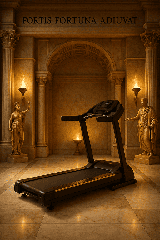 Bėgimo takelis romėniškoje salėje su kolonomis, statulomis