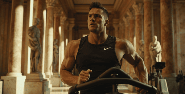 Modernus vyras sportuojantis senovės romos rūmuose ant modernių treniruoklių