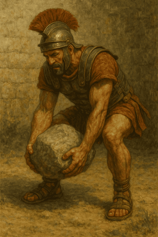 Romėnų karys kelia akmenį