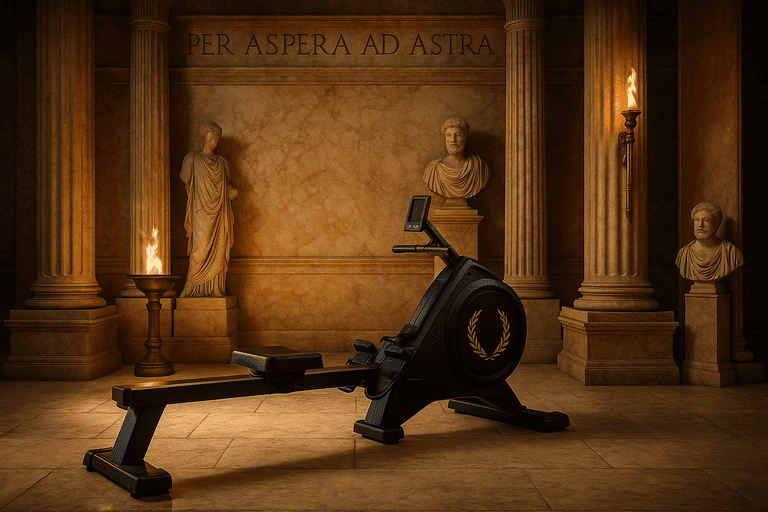 Juodas irklavimo treniruoklis romėniško stiliaus interjere su kolonomis, skulptūromis ir užrašu ‘Per Aspera Ad Astra’