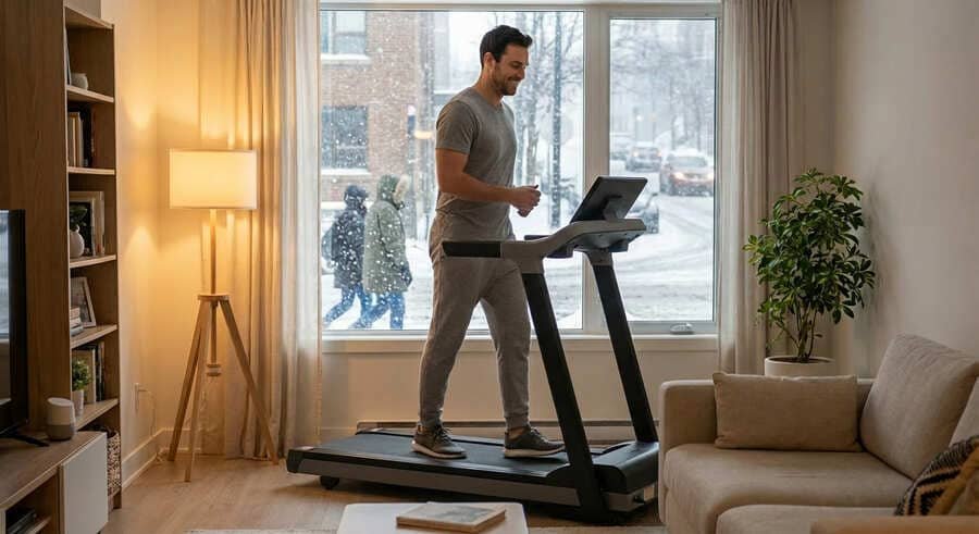 Sportuojantis vyras namuose, kai lauke žiema