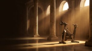 Modernus dviratis treniruoklis romėnų pastate